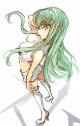 Rule 34 | 1girl, ass, boots, breasts, c.c., code geass, covered erect nipples, creayus, green hair, high heels, long hair, looking at viewer, midriff, solo, thigh boots, thighhighs, twitter username, white thighhighs, yellow eyes