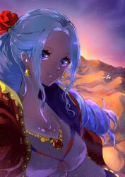 1girl blue_eyes blue_hair cape commentary_request drill_hair earrings eyelashes flower hair_flower hair_ornament half_updo highres hood hooded_cape ink_(winkyinkywinky) jewelry necklace nefertari_vivi one_piece red_cape sidelocks solo star_(symbol) sunset