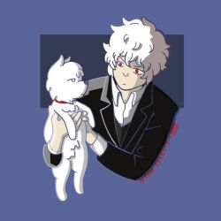 Rule 34 | 1boy, blue background, closed mouth, dog, dr. frost, frost (dr. frost), hand up, long hair, red eyes, serious, shirt, solo, webtoon, white hair, white shirt