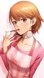 Rule 34 | 1girl, apron, blush, breasts, brown eyes, brown hair, choker, collarbone, commentary request, earrings, food, food in mouth, gradient background, hair between eyes, hand up, heart, heart choker, highres, jewelry, long sleeves, looking at viewer, masatoshi 1219, medium breasts, nail polish, official alternate costume, open hand, pearl earrings, persona, persona 3, persona 3 reload, pink apron, pink lips, pink nails, pink shirt, pocky, pocky in mouth, shirt, short hair, solo, stud earrings, swept bangs, takeba yukari, upper body, white choker