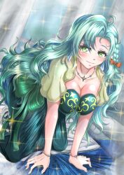 Rule 34 | 1girl, absurdres, aqua hair, blush, bow, braid, breasts, chloe (fire emblem), cleavage, dress, fire emblem, fire emblem engage, green dress, green eyes, hair bow, highres, jewelry, kneeling, large breasts, light rays, long hair, looking at viewer, migurunoe, necklace, nintendo, side braid, skin tight, smile, solo, sparkle, very long hair