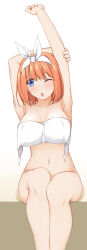 Rule 34 | 1girl, armpits, arms up, bare arms, blue eyes, blush, bottomless, breasts, cleavage, collarbone, commentary request, curvy, eyebrows hidden by hair, eyelashes, feet out of frame, go-toubun no hanayome, hair ribbon, hinata masaki, large breasts, legs together, looking to the side, medium hair, nakano yotsuba, naked towel, navel, one eye closed, open mouth, orange hair, ribbon, simple background, sitting, solo, stretching, towel, white background, white ribbon