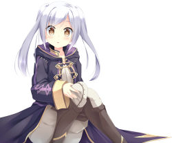 Rule 34 | 1girl, absurdres, brown eyes, fire emblem, fire emblem awakening, highres, hood, hood down, knees up, long sleeves, nintendo, parted lips, robin (female) (fire emblem), robin (fire emblem), simple background, sitting, solo, tomo pyon, twintails, white background, white hair
