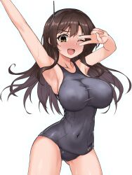 1girl absurdres antennae arm_up armpits ashigara_(kancolle) black_one-piece_swimsuit breasts brown_eyes brown_hair commentary_request covered_navel grey_hairband hairband highres kantai_collection kinakomochi_(testament05) large_breasts long_hair neckerchief old_school_swimsuit one-piece_swimsuit school_swimsuit shirt simple_background smile solo swimsuit v_over_eye white_background white_shirt