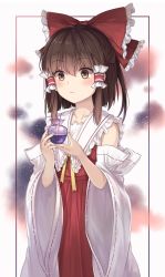 Rule 34 | 1girl, bare shoulders, blush, bow, brown eyes, brown hair, collarbone, commentary request, cowboy shot, detached sleeves, frilled bow, frilled shirt collar, frills, hair between eyes, hair bow, hair tubes, hakurei reimu, highres, holding, kizitora hato, lace trim, long sleeves, neck ribbon, red bow, red skirt, ribbon, short hair, sidelocks, skirt, skirt set, solo, standing, touhou, white background, wide sleeves, yellow ribbon