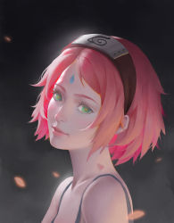 Rule 34 | 1girl, bare shoulders, black background, closed mouth, commentary, english commentary, eyelashes, facial mark, forehead mark, forehead protector, from side, glowing, glowing petals, green eyes, hairband, haruno sakura, heart, highres, jojo z, konohagakure symbol, lips, looking at viewer, looking to the side, naruto (series), naruto shippuuden, petals, pink hair, portrait, short hair, sleeveless, smile, solo