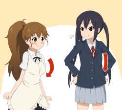 Rule 34 | 2girls, apron, arrow (symbol), black hair, blush, breasts, brown eyes, brown hair, crossover, height conscious, height difference, k-on!, long hair, multiple girls, nakano azusa, ponytail, school uniform, shizupu, skirt, taneshima popura, twintails, waitress, working!!