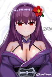 Rule 34 | 1girl, 2020, alternate costume, artist name, breasts, cleavage, collar, fate/grand order, fate (series), flower, hair flower, hair ornament, highres, japanese clothes, kame kame happa, kimono, large breasts, long hair, looking at viewer, off shoulder, purple hair, red eyes, scathach (fate), smile, solo