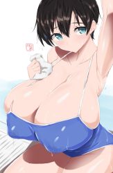 Rule 34 | 1girl, aqua eyes, arm up, armpits, bare shoulders, bea (bropmlk), black hair, blue one-piece swimsuit, breasts, cleavage, collarbone, competition school swimsuit, competition swimsuit, covered erect nipples, cowboy shot, curvy, highres, holding, holding towel, huge breasts, looking to the side, one-piece swimsuit, original, school swimsuit, shiny skin, short hair, signature, sitting, skindentation, solo, spaghetti strap, swimsuit, thick thighs, thighs, towel, wet