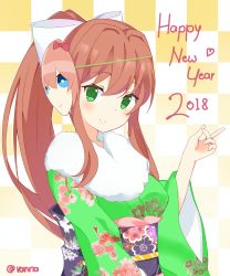 Rule 34 | 1girl, 2018, alternate costume, artist name, blush, bow, breasts, brown hair, checkered background, closed mouth, commentary, doki doki literature club, floral print, fur-trimmed kimono, fur trim, green eyes, green kimono, hair bow, hand up, happy new year, highres, japanese clothes, kimono, long hair, long sleeves, looking at viewer, mask, mask on head, medium breasts, monika (doki doki literature club), new year, obi, ponytail, sash, sayori (doki doki literature club), seigaiha, sidelocks, signature, smile, solo, split mouth, upper body, vanna, white bow, wide sleeves, yellow background