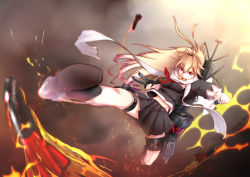 Rule 34 | 10s, 1girl, big.g, blonde hair, blurry, depth of field, fighting, hair ornament, hairclip, kantai collection, kicking, long hair, personification, school uniform, solo, torpedo, yuudachi (kancolle)