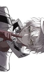 Rule 34 | 1boy, ascot, bungou stray dogs, closed mouth, finger to mouth, gloves, green eyes, hair between eyes, heterochromia, highres, jacket, looking at viewer, male focus, nikolai gogol (bungou stray dogs), portrait, red gloves, short hair, simple background, solo, white ascot, white background, white hair, white headwear, white jacket, ya ta, yellow eyes