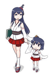 Rule 34 | 2girls, :d, absurdres, aged down, bamboo shoot, bare shoulders, black hair, book, breasts, brown eyes, chibi, commentary, commentary request, detached sleeves, closed eyes, fusou (kancolle), hair ornament, highres, holding, holding book, kantai collection, long hair, medium breasts, multiple girls, nontraditional miko, open mouth, pleated skirt, revision, seiran (mousouchiku), short hair, siblings, simple background, sister, size difference, skirt, smile, standing, white background, wide sleeves, yamashiro (kancolle)