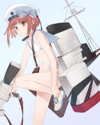 Rule 34 | 10s, 1girl, adjusting clothes, adjusting shoe, bag, bikini, blue background, breasts, brown eyes, brown hair, hat, hayashi kewi, holding, kantai collection, looking at viewer, machinery, md5 mismatch, navel, parted lips, resolution mismatch, sailor bikini, sailor collar, sailor hat, sandals, short hair, shoulder bag, simple background, small breasts, solo, source larger, swimsuit, turret, white bikini, white hat, z3 max schultz (kancolle)