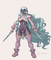 Rule 34 | 1girl, breasts, dagger, dark-skinned female, dark skin, dual face, gloves, green eyes, green hair, grey background, highres, holding, holding dagger, holding knife, holding weapon, knife, long hair, navel, nonneim, o-ring, original, pink footwear, pink gloves, pink legwear, pointy ears, puffy sleeves, signature, simple background, slit pupils, solo, standing, striped clothes, striped legwear, striped thighhighs, thighhighs, underboob, vertical-striped clothes, vertical-striped thighhighs, very long hair, weapon