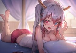 Rule 34 | 1girl, absurdres, ass, blue eyes, breasts, commission, dragon horns, fang, grey hair, hakusyokuto, heterochromia, highres, horns, indie virtual youtuber, kuzuryuzaka miko, large breasts, long hair, looking at viewer, lying, on stomach, open mouth, pillow, pink eyes, pink hair, skeb commission, twintails, virtual youtuber