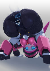 Rule 34 | 1girl, all fours, anal, anus, bar censor, bent over, black skin, blue eyes, blush, breasts, censored, colored skin, double penetration, from behind, grey background, grey skin, group sex, hanging breasts, highres, humanoid robot, invisible penis, looking back, medium breasts, mmf threesome, multicolored skin, multiple boys, pinkle (polynian), pochincoff, pussy, robot, robot neoanthropinae polynian, simple background, spread anus, spread pussy, sweat, threesome, top-down bottom-up, vaginal