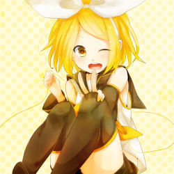 Rule 34 | 1girl, bare shoulders, black thighhighs, blonde hair, blush, detached sleeves, earbuds, earphones, hair ribbon, highres, kagamine rin, looking at viewer, nail polish, one eye closed, open mouth, peony130, polka dot, polka dot background, ribbon, sailor collar, short hair, shorts, sitting, smile, solo, thighhighs, v, vocaloid, wink, yellow eyes