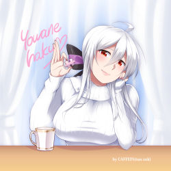 Rule 34 | 1girl, absurdres, ahoge, blush, breasts, caffein, coffee mug, cup, female focus, gradient background, hair ribbon, hand on own cheek, hand on own face, headphones, highres, large breasts, long hair, mug, nail polish, puzzle piece, red eyes, ribbon, smile, solo, striped, striped background, sweater, table, vocaloid, white hair, white sweater, yowane haku