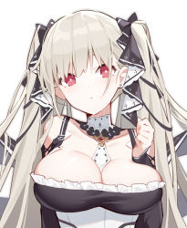 Rule 34 | 1girl, azur lane, between breasts, black ribbon, breasts, cleavage, closed mouth, collarbone, formidable (azur lane), grey hair, highres, large breasts, long hair, looking at viewer, quan (kurisu tina), red eyes, ribbon, simple background, solo, songchuan li, twintails, two-tone ribbon, upper body, white background, white ribbon