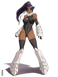 Rule 34 | 1girl, bare shoulders, black gloves, black leotard, black thighhighs, bleach, breasts, cameltoe, covered erect nipples, dark-skinned female, dark skin, elbow gloves, female focus, full body, gauntlets, gloves, impossible clothes, impossible leotard, kagami hirotaka, large breasts, leg armor, leotard, lips, long hair, looking at viewer, parted bangs, parted lips, ponytail, purple hair, scarf, shadow, shihouin yoruichi, shiny clothes, shiny skin, signature, simple background, skin tight, sleeveless, sleeveless leotard, solo, standing, thighhighs, tight clothes, white background, white scarf, wind, yellow eyes