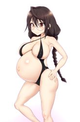 Rule 34 | 1girl, akai (riaakai), armpits, black hair, black one-piece swimsuit, blush, braid, breasts, brown eyes, closed mouth, collarbone, eyebrows, female focus, glasses, hand on own hip, large breasts, long hair, looking at viewer, navel, one-piece swimsuit, pastel memories, pregnant, sakaki ayaka, shiny clothes, shiny skin, simple background, smile, solo, swimsuit, twin braids, twintails, white background