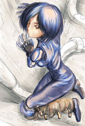 Rule 34 | 1990s (style), 1girl, black hair, brown eyes, cable, cyborg, from above, alita, battle angel alita, kneeling, looking at viewer, looking up, shopyun, short hair, sketch, solo, standing, wall