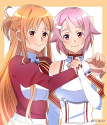 Rule 34 | 2girls, armor, arms around neck, asuna (sao), asuna (sao) (cosplay), border, braid, breastplate, brown eyes, brown hair, closed mouth, cosplay, costume switch, detached sleeves, french braid, highres, lisbeth, lisbeth (cosplay), lisbeth (sao), long hair, long sleeves, looking at viewer, multiple girls, orange border, outside border, pink hair, red eyes, red shirt, shirt, short hair, sleeves past wrists, smile, sword art online, tu tora2, twitter username, upper body, very long hair, white armor, white sleeves