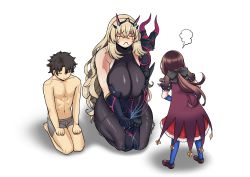Rule 34 | 1boy, 2girls, asymmetrical gloves, bite mark, black dress, black hair, blonde hair, boxers, breasts, brown hair, cape, dress, eo masaka, barghest (fate), barghest (second ascension) (fate), fate/grand order, fate (series), fujimaru ritsuka (male), gloves, highres, huge breasts, leonardo da vinci (fate), leonardo da vinci (fate/grand order), leonardo da vinci (rider) (fate), long hair, male underwear, multiple girls, pantyhose, scolding, seiza, sitting, underwear, white background