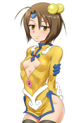 Rule 34 | 1girl, areola slip, blush, breasts, brown eyes, brown hair, closed mouth, covered erect nipples, funnyari, hair bobbles, hair ornament, looking at viewer, norma beatty, short hair, simple background, skirt, small breasts, smile, solo, tales of (series), tales of legendia, thighhighs, very short hair, white background, yellow skirt