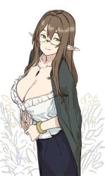 Rule 34 | 1girl, bracelet, breasts, brown hair, brown haired glasses elf (houtengeki), cleavage, closed mouth, elf, flower, frill trim, frills, glasses, green eyes, hair between eyes, houtengeki, huge breasts, jewelry, long hair, long skirt, mature female, necklace, original, pendant, pointy ears, rimless eyewear, shawl, sidelocks, simple background, sketch, skirt, smile, solo, standing