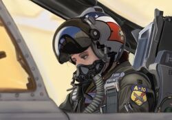 Rule 34 | 1girl, a-10 thunderbolt ii, aircraft, airplane, cockpit, ejection seat, green eyes, helmet, highres, looking down, mg g, military, military rank insignia, military uniform, original, oxygen mask, patch, pen, pilot helmet, pilot suit, reflective visor, shoulder patch, uniform, united states air force