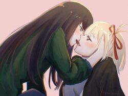 Rule 34 | 2girls, ahoge, black hair, black jacket, blonde hair, blue pants, brown eyes, chocolate, commentary request, green jacket, hair ribbon, hand in another&#039;s hair, imminent kiss, inoue takina, jacket, long hair, looking at another, medium hair, multiple girls, nishikigi chisato, pants, pink background, red eyes, red ribbon, ribbon, shared food, shirt, signature, smile, white shirt, xin (blueramen), yuri