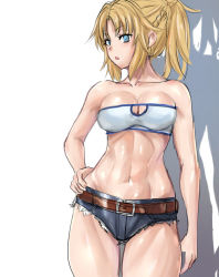 Rule 34 | 1girl, abs, arm at side, bandeau, belt, blonde hair, blue eyes, braid, breasts, brown belt, cleavage, collarbone, cowboy shot, cutoffs, denim, denim shorts, fate/grand order, fate (series), french braid, hand on own hip, koucha indian, long hair, looking to the side, medium breasts, micro shorts, midriff, mordred (fate), mordred (fate/apocrypha), mordred (memories at trifas) (fate), navel, open mouth, parted bangs, ponytail, shadow, shorts, sidelocks, solo, strapless, thighs, toned, tube top, white background