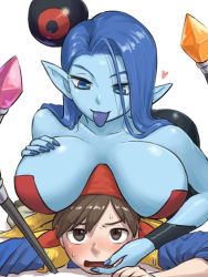 Rule 34 | bare shoulders, breast smother, breasts, cleavage, dragon quest, dragon quest viii, dress, face to breasts, gloves, hero (dq8), huge breasts, long hair, nail polish, pointy ears, simple background, standing, tagme, tongue, very long hair, white background, witch (dragon quest), witch lady (dq8)