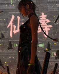 Rule 34 | 1girl, animal, bare shoulders, bird, black dress, black gloves, black hair, blood, braid, braided ponytail, breasts, building, china dress, chinese clothes, closed mouth, dress, floating hair, gloves, guweiz, highres, katana, long hair, looking away, looking down, neon lights, original, profile, single braid, sleeveless, sleeveless dress, small breasts, solo, sword, very long hair, weapon