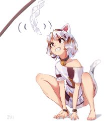 Rule 34 | 1girl, animal collar, animal ears, artist name, barefoot, bell, between legs, cat ears, cat tail, clenched teeth, collar, commentary, dethmaid, english commentary, furrowed brow, gohei, goutokuji mike, hand between legs, head tilt, highres, looking up, miniskirt, motion lines, multicolored clothes, multicolored hair, multicolored shirt, multicolored skirt, neck bell, off-shoulder shirt, off shoulder, red eyes, shadow, shirt, short hair, short sleeves, simple background, skirt, solo, squatting, tail, teeth, touhou, unconnected marketeers, white background, wristband