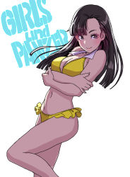 Rule 34 | 1girl, bare arms, bare shoulders, bikini, black hair, breast hold, breasts, brown hair, cleavage, closed mouth, collarbone, copyright name, crossed arms, fingernails, girls und panzer, highres, lips, long hair, looking at viewer, medium breasts, navel, nishi kinuyo, parted bangs, simple background, smile, solo, stomach, swimsuit, white background, yamashita shun&#039;ya, yellow bikini