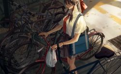 Rule 34 | 1girl, alternate costume, bag, bag charm, bicycle, black skirt, bow, bracelet, breasts, brown hair, charm (object), collared shirt, feet out of frame, from above, hair bow, hair tubes, hakurei reimu, highres, huang gua, jewelry, light, looking away, medium breasts, medium hair, necktie, orb, plastic bag, pleated skirt, red bow, red eyes, red necktie, school bag, school uniform, shirt, short sleeves, shoulder bag, sidelocks, skirt, solo, standing, tie clip, touhou, white shirt, yin yang, yin yang orb