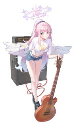 Rule 34 | 1girl, absurdres, alternate costume, alternate hairstyle, amplifier, angel wings, bare legs, black footwear, blue archive, blue shorts, blush, breasts, closed mouth, collarbone, crop top, denim, denim shorts, electric guitar, feathered wings, full body, guitar, halo, high ponytail, highres, holding, holding instrument, instrument, laza (0ldsong), long hair, looking at viewer, low wings, medium breasts, midriff, mika (blue archive), navel, pink hair, pink halo, ponytail, shirt, short shorts, shorts, simple background, smile, solo, standing, very long hair, white background, white shirt, white wings, wing ornament, wings, yellow eyes