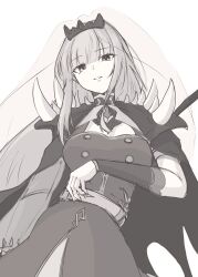 Rule 34 | 1girl, absurdres, belt, bracer, breasts, cape, cleavage cutout, clothing cutout, floating hair, greyscale, head tilt, highres, hololive, hololive english, long hair, looking at viewer, medium breasts, monochrome, mori calliope, mori calliope (1st costume), parted lips, sidelocks, smile, solo, spikes, tiara, veil, virtual youtuber, waju220