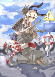 Rule 34 | &gt; &lt;, 10s, 1girl, :&lt;, absurdres, anchor hair ornament, artist name, blonde hair, blush, boots, buttons, cannon, closed eyes, cloud, cloudy sky, crop top, cup, dated, day, disposable cup, elbow gloves, full body, gloves, grey eyes, hair ornament, hair ribbon, highres, hinbackc, kantai collection, lifebuoy, long hair, looking at viewer, machinery, neckerchief, pleated skirt, rensouhou-chan, ribbon, road sign, school uniform, serafuku, shimakaze (kancolle), sign, skirt, sky, sleeveless, standing, standing on one leg, striped clothes, striped thighhighs, sweatdrop, swim ring, thighhighs, turret