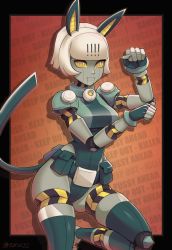 Rule 34 | 1girl, absurdres, android, text background, belt, belt pouch, black border, border, carue32, cat girl, collar, highres, neck bell, orange background, paw pose, pouch, robo-fortune, robot, skullgirls, smile, solo, yellow eyes