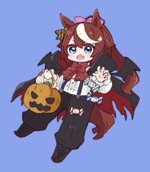 Rule 34 | 1girl, animal ears, black cape, black footwear, black pants, black wings, blue background, blue eyes, blush, boots, bow, brown hair, candy, candy wrapper, cape, commentary request, cross-laced footwear, fang, food, full body, hair between eyes, hair ribbon, halloween bucket, highres, holding, horse ears, horse girl, horse tail, lace-up boots, lollipop, long hair, long sleeves, looking at viewer, mini wings, multicolored hair, nozo (hitomiz), open mouth, pants, pink ribbon, ponytail, puffy pants, red bow, red cape, ribbon, shirt, simple background, solo, streaked hair, suspenders, swirl lollipop, tail, torn cape, torn clothes, umamusume, very long hair, white hair, white shirt, wings