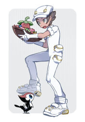 Rule 34 | 1boy, aether foundation employee, aether foundation employee (male), aether foundation uniform, basket, berry (pokemon), bird, border, bounsweet, brown hair, creatures (company), game freak, gen 7 pokemon, gloves, grey background, grey eyes, hat, holding, holding basket, hsngamess, jumpsuit, looking down, male focus, nintendo, open mouth, oran berry, pikipek, pokemon, pokemon (creature), pokemon sm, shoes, short hair, short sleeves, twitter username, watermark, white border, white footwear, white gloves, white headwear, white jumpsuit