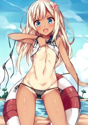Rule 34 | 10s, 1girl, alternate costume, arm at side, beach, bikini, bikini bottom aside, black bikini, blonde hair, blue eyes, blush, bracelet, breasts, clothes lift, clothing aside, commentary request, cowboy shot, day, flower, gluteal fold, groin, hair flower, hair ornament, hibiscus, highres, jewelry, kantai collection, lifebuoy, lifting own clothes, long hair, md5 mismatch, micro bikini, one-piece tan, open mouth, outdoors, partially visible vulva, revision, ro-500 (kancolle), sailor collar, shirt lift, small breasts, swim ring, swimsuit, tan, tanline, thighs, tongue, unacchi (nyusankin)