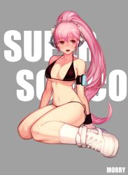 Rule 34 | 1girl, alternate hairstyle, bad id, bad pixiv id, bikini, blush, breasts, cleavage, digital media player, female focus, headphones, large breasts, long hair, morry, navel, nitroplus, open mouth, pink hair, ponytail, red eyes, shoes, sitting, sneakers, solo, super sonico, swimsuit, very long hair, wariza
