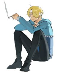 Rule 34 | 1boy, arms on knees, bandaged head, bandages, black pants, blonde hair, blue sweater, closed mouth, collarbone, curly eyebrows, facial hair, full body, goatee, highres, hood, hooded sweater, long sleeves, looking ahead, male focus, one piece, pants, sanji (one piece), short hair, simple background, sitting, smoke, smoking, solo, sweater, tokoni fusu, white background