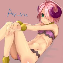 Rule 34 | 1girl, anklet, ar ru (ar tonelico), ar tonelico, ar tonelico iii, ass, bad id, bad pixiv id, bare shoulders, blush, bracelet, cameltoe, character name, choker, deathrama, fingernails, flat chest, green eyes, hair ornament, hair over one eye, hands on own knees, jewelry, legs, navel, panties, pink hair, rama (amaru), ribs, simple background, solo, strapless, thighs, thong, tube top, underwear, underwear only
