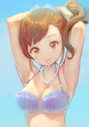 Rule 34 | 1girl, armpits, arms behind head, arms up, bare arms, bare shoulders, bikini, blue background, breasts, brown eyes, brown hair, cleavage, closed mouth, commentary request, futami mami, hair tie, hair tie in mouth, idolmaster, idolmaster (classic), idolmaster million live!, idolmaster million live! theater days, jewelry, looking at viewer, medium breasts, mouth hold, necklace, pearl necklace, ponytail, purple bikini, solo, swimsuit, tomamatto, tying hair, upper body, wet